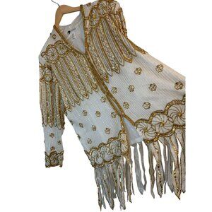 VTG 80s Rare Art Deco Gold Cream Beaded Fringe Jacket Essence By Mai XL 8686